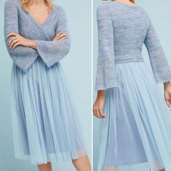 Anthropologie Dresses & Skirts - Anthropologie Maeve Arabesque Blue Tulle Layered Mohair Sweater Midi Dress XSP